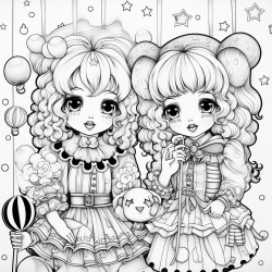 kawaii clowns with balloons and presents rainbows