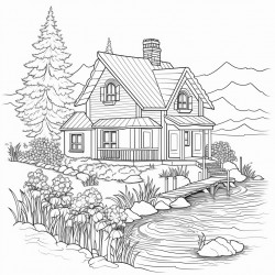 house on lake with flowers