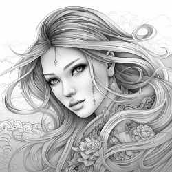 greyscale adult coloring page with manga woman with long hair