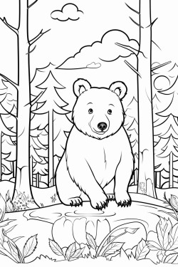 black and white coloring book drawing only thick outlines no grayscale or color for kids cartoon style forest