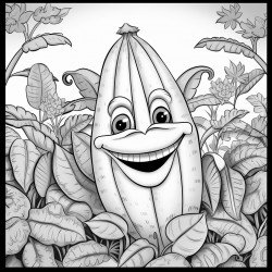 cartoon character of banana with a face in a garden