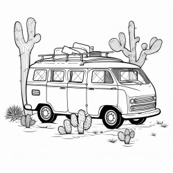 a van on a country road cactus tree some kids on the van