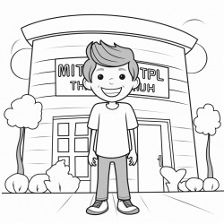 kid with a big smile standing outside a building with a sign that says myofunctional therapy clinic