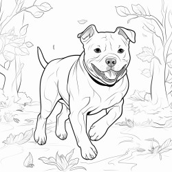 a pitbull running through a yard with heavy foliage