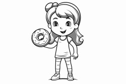 cute girl cartoon standing eating donuts coloring page style