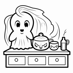a cute simple ghost carving a pumpkin in kitchen