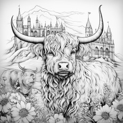 scotland include edinburgh castle a bagpiper a scotch whisky bottle a highland cow and the flag of scotland