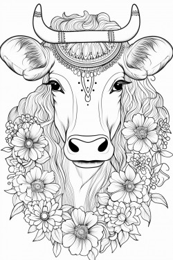 sacred cow adorned with marigold garlands