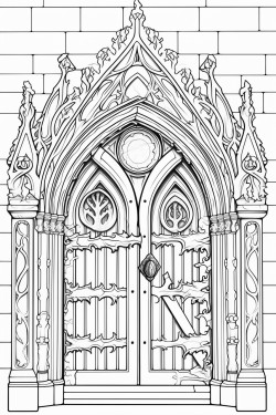 gothic style door with intricate patterns in the wood wrought iron bars and an eclectic door knocker