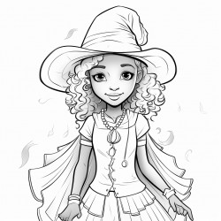 line drawing of 10 or 12 year old srilankan girl wearing witch costume