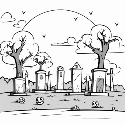 image with black lines on a white background illustrating a friendly cartoon of a spooky graveyard with tombstones ghosts and a full moon for coloring in large basic shapes coloring book style no solid fill ample white space for easy coloring ideal for kids coloring books enhanced line clarity
