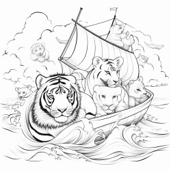 beach fantasy animals lions tigers pandas elephant canoe in middle of water tornado