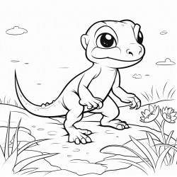 a newt walking in a pathway outline lineart coloring book 2d cartoon character
