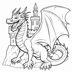 a detailed dragon with scales flying over a castle