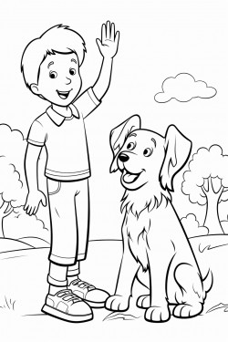 unicorm high fiving a dog in a green pasture with the sky behind them blank coloring page