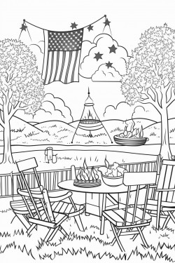 fourth of july scene with fireworks flags and picnic blankets and bbq and kids