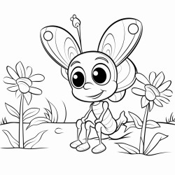 create a coloring page in black and white in bold outline and white background of a cute baby ant in the garden