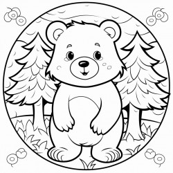 a cute bear black and white thin outlines surrounded by trees for kids at the age of 3