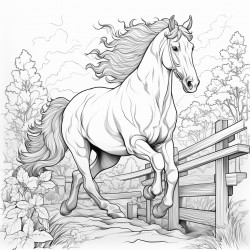 horse jumping over a fence in a forest on a pathway