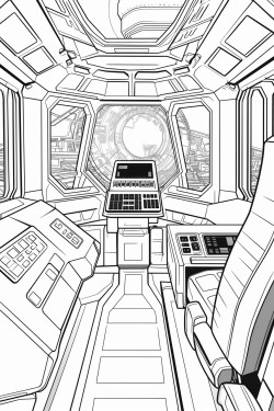 futuristic cabin of a spaceship in space with screens with a helm space