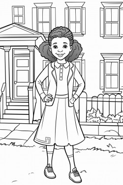 a african american little girl with a long jean skirt standing on a building