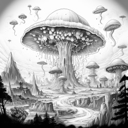 mushroom planet with alien dinosaurs running across and landscape where a volcano is erupting in the background