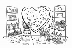 art studio with all kind art supplies making a heart shape on outline style