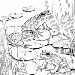 create a blackandwhite coloring page featuring cheerful frogs near a pond the frogs should have bold clear outlines with one sitting on a lily pad include details like rippling water reeds and dragonflies leaving ample space for easy coloring