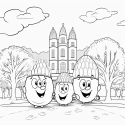 a family race acorn trees and large building in the background