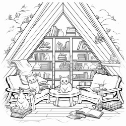 cute comfy attic with cats reading books