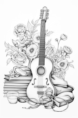 realistic artistic still life with volume that contains a guitar and a vase with tulipans