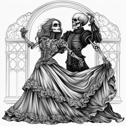 a dancing skeleton couple in gothic attire with flowing cloaks and a gothic ballroom in the background