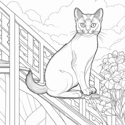 burmese cat sits on a high shelf and paws people below