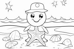 snowman on a deserted island with starfish eyes and a coral noes and seashell buttons