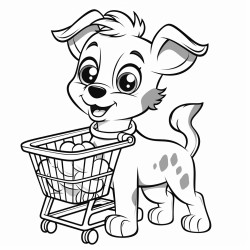 cute dog pushing a shopping cart at the supermarket