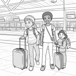 3 kids of different races and ages inside an airport terminal with luggage