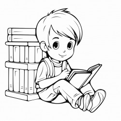 child sitting cross legged reading book in library