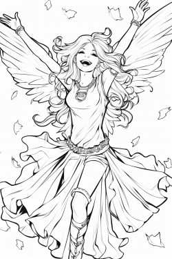 a laughing but disheveled fairy throwing her arms up in the air