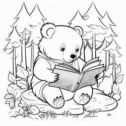 bear reading books in the forest