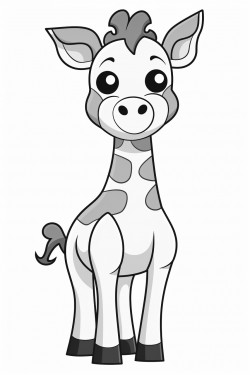black and bright white whimsical cartoon baby giraffe full body on white background coloring page