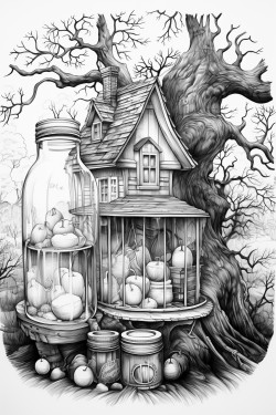 a jar with a haunted house spooky trees gravestones bats a crooked fence