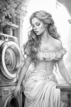 a girl fairy is doing laundry in a fantasy house