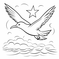 a seagull with starfishshaped wings flying over the ocean