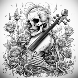 a skeleton playing a gothic violin with roses growing around it