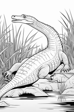 a gharial resting by the side of a river its long snout visible with jungle foliage and water plants nearby