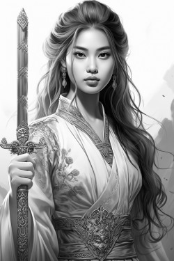beautiful likeable asian princess hero with a dagger on her belt a princess crown and sceptre in long flowing robes