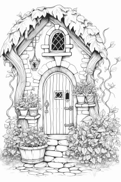 a cute cottage with vines and flowers glass stained window and a cute arched door no animals or people