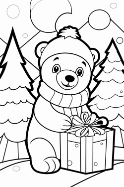 a cute polar bear wearing a santa hat sitting on snow holding a gift box the background is a snowy winter wonderland with snowcovered trees and a sunset fullbody view diagonal pose in a playful cartoon style