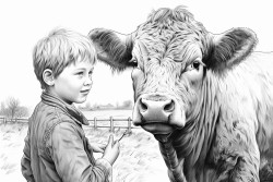 boy showing a cow