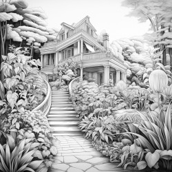 beautiful house landscape with lots of plants